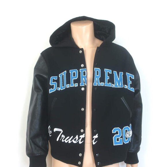 Supreme King Leather-Sleeve Hooded Varsity Jacket Black Size Medium - Picture 2 of 10